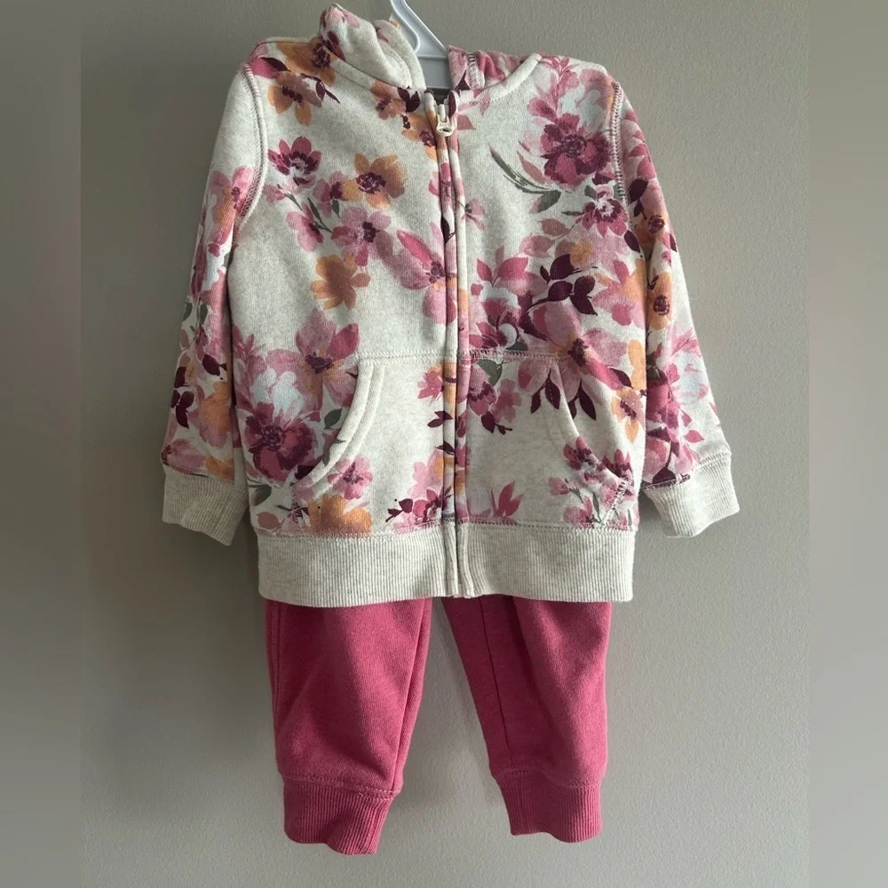 Girls Oshkosh b’gosh 12M pink sweatpants and floral zipped sweatshirt with hood
